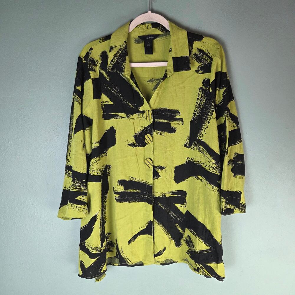 Ali Miles Womens XL Neon Green Abstract Brushstroke Button Down Tunic Top Artsy